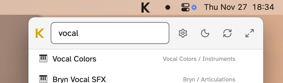 Krate menu bar app showing instrument browser
